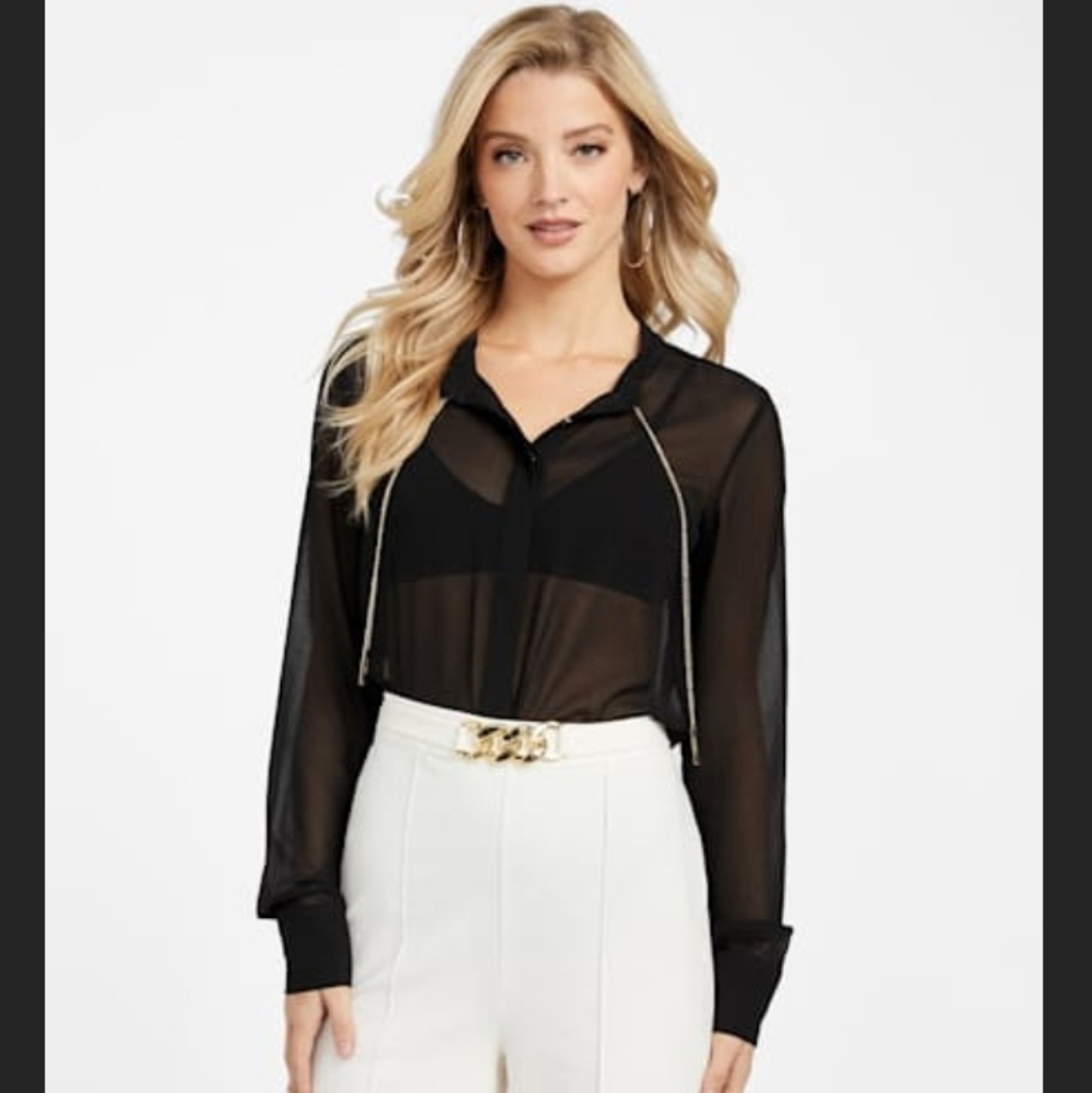 Guess Palmer Chiffon Top Blouse Black Chain XL New NWT
